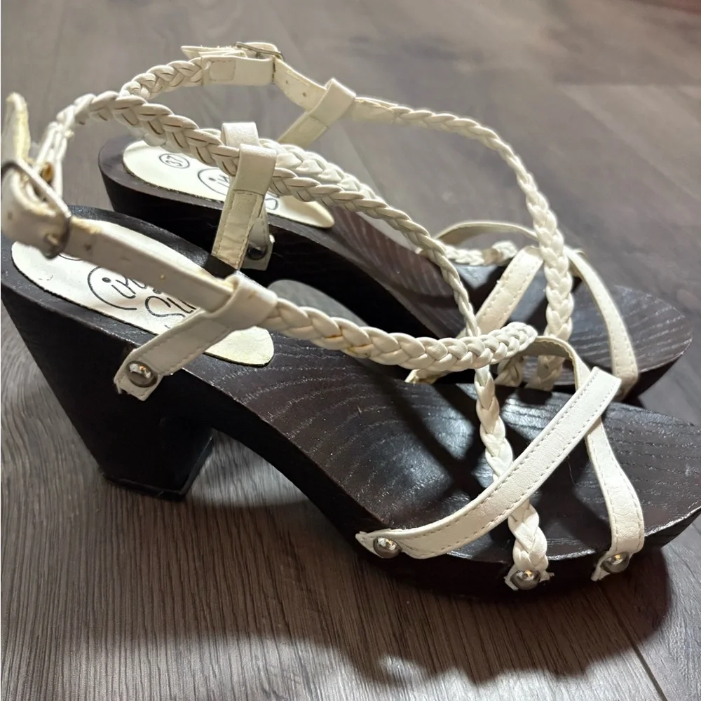 White Braided Strapped Faux‎ Wood Block Heel Studded Sandals Italian Classic
